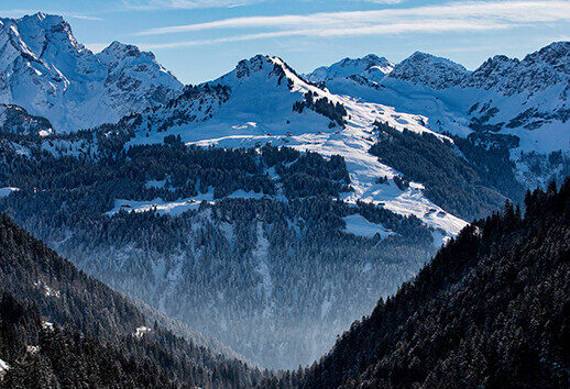 View from the Hotel Sonnasita of the snowy mountain backdrop.