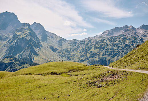 Panoramic picture of the Großes Walsertal biosphere reserve in summer.